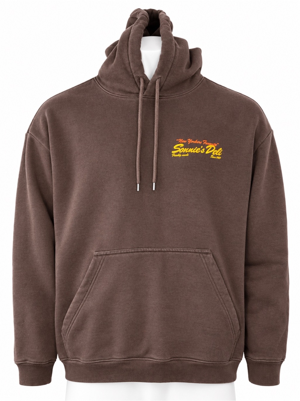 Divided Brown Hoodie with Yellow Chest Script